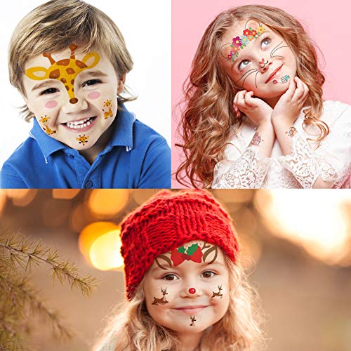 Animal Temporary Face Tattoo for Kids 10 Pack, Face Paint Stickers, Easter Basket Stuffers Halloween Christmas Body Makeup Bunny Butterfly Panda Deer Giraffe Fairy Floral Festival Tattoos