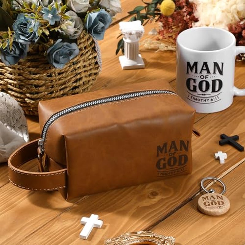 3 Pcs Easter Man of God Theme Gift for Men Christian 11.2oz Inspirational Coffee Mug Religious Bible Verse Leather Toiletry Bag Scripture Keychain for Dad Pastor Church Gift(Classic Color)