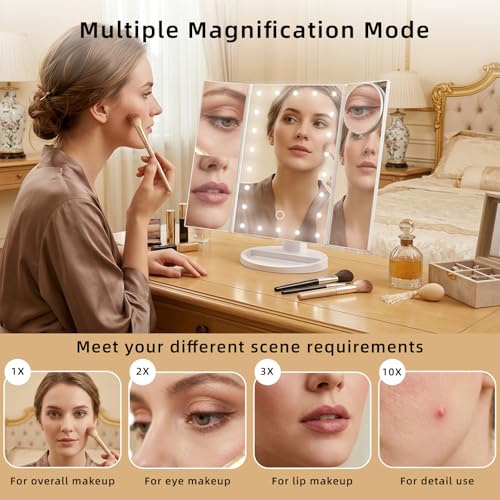 White Lighted Makeup Mirror with Magnification Tri-Fold LED Vanity Mirror