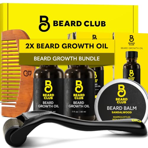 The Beard Club Enhanced Beard Growth Kit Sandalwood - Derma Roller, Oil (2PK), Balm & Comb Gift Set