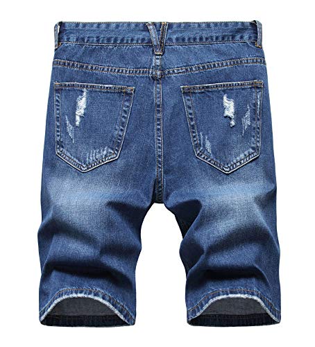 Men's Ripped Slim Fit Denim Shorts - Distressed Hole Design, Indigo Blue 36