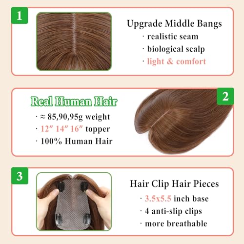 16 Inch Light Brown Human Hair Topper for Women Thinning Hair - ELEVAVE