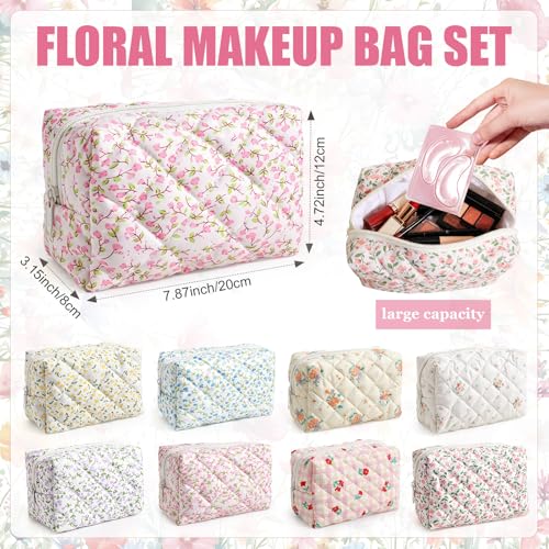 Giesiery Floral Cotton Quilted Makeup Bags Set of 8 Travel Cosmetic Pouches