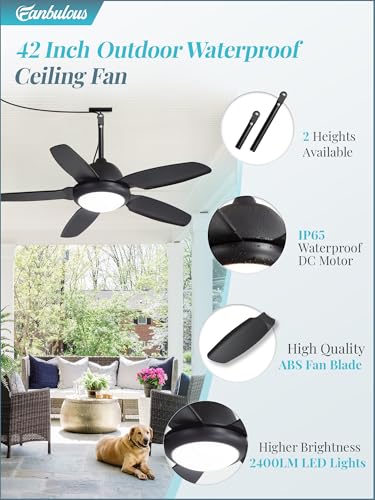 Fanbulous 42 Inch Black Waterproof Outdoor Ceiling Fan with Light (IP65) for Patio