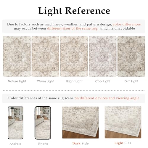 PureCozy Beige Washable Area Rug 8x10 Low Pile Vintage Oriental Carpet