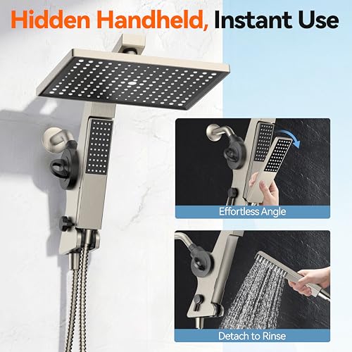 MakeFit Nickel Brushed Filtered Rain Shower Head & Handheld Combo High Pressure 12'' Dual Shower System with Water Softener