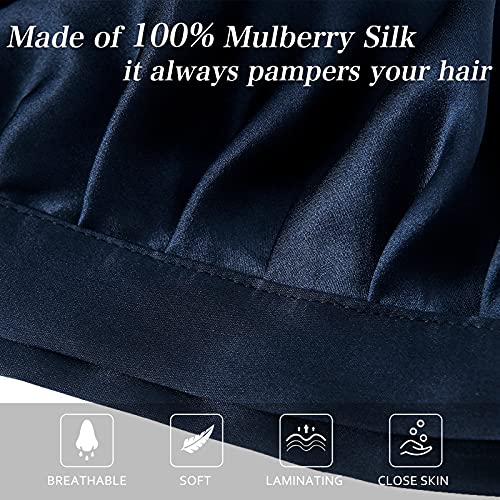 Silk Bonnet for Sleeping 100% Mulberry Silk Sleep Cap for Women Hair Care Night Cap with Adjustable Ribbons(Medim, Navy Blue)