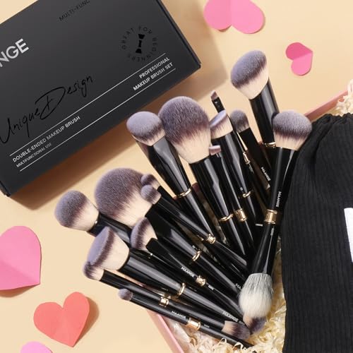 MAANGE 16-Piece Makeup Brush Set - Black Professional Face & Eye Brushes with Bag