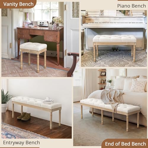 Upholstered Fabric Vanity Bench Seat with Carved Wood Legs - Beige, Variation of Beige and Wood