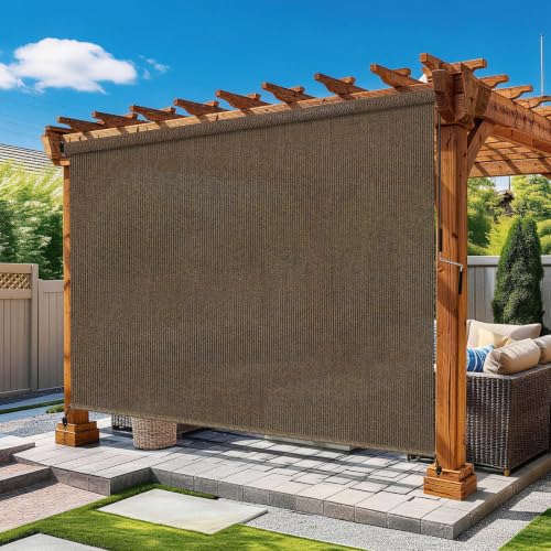 Mocha Outdoor Roller Shades 8' W x 8' H - Cordless Sunblock & Privacy Screen