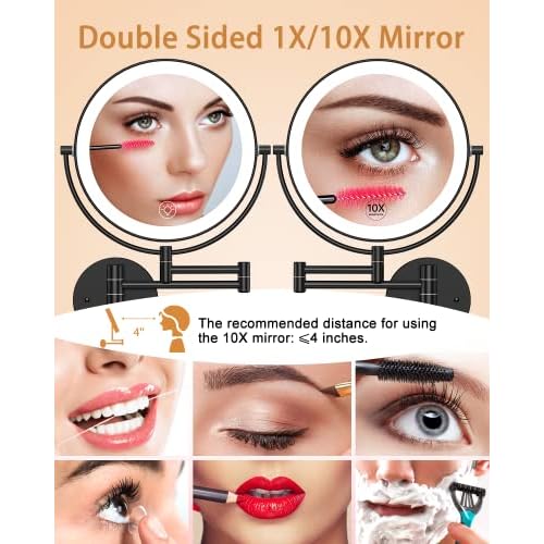 Benbilry 9" Large Wall Mounted Lighted Makeup Mirror, 1X/10X Magnifying 2-Sided AC Plug-in Powered Bathroom Mirror with 3 Color Lights, Touch Dimmable, Extended Arm 360¡Æ Rotation, Black