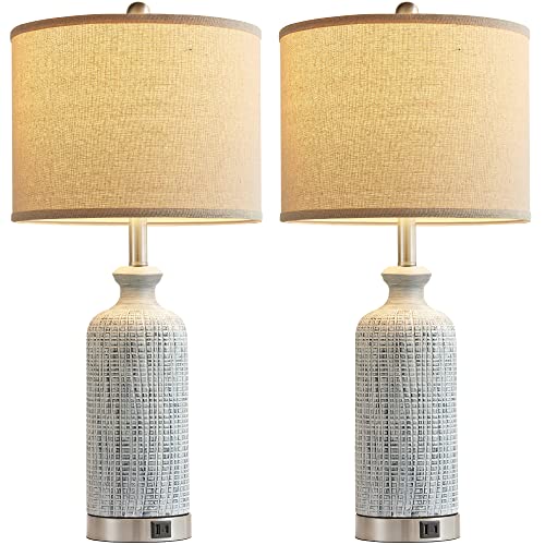 Blue Living Room Lamps Set of 2 - 27 Inch Touch Nightstand Lamps with USB Ports
