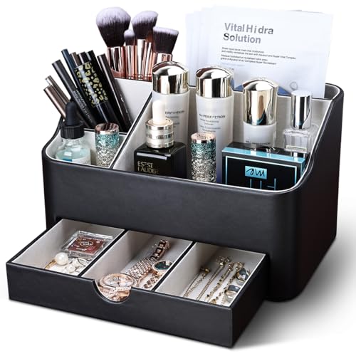 KINGFOM Leather Makeup Organizer with Drawer - Black Cosmetic Storage for Vanity & Countertop