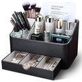 KINGFOM Leather Makeup Organizer with Drawer - Black Cosmetic Storage for Vanity & Countertop