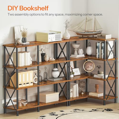 HOOBRO 4-Tier Corner Bookcase with Rustic Brown & Black Finish, L-Shaped Adjustable Shelving