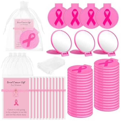 Geetery 72 Pcs Breast Cancer Awareness Gifts Set for Women Compact Folding Mirrors, Pink Ribbon Bracelets, Organza Bags for Breast Cancer Charity Event Survivor Campaign Party Accessories(Pink)