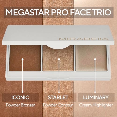 Mirabella Megastar Pro Face Trio Powder Contour Palette with Bronzer & Highlighter – 0.11 oz, All Skin Types