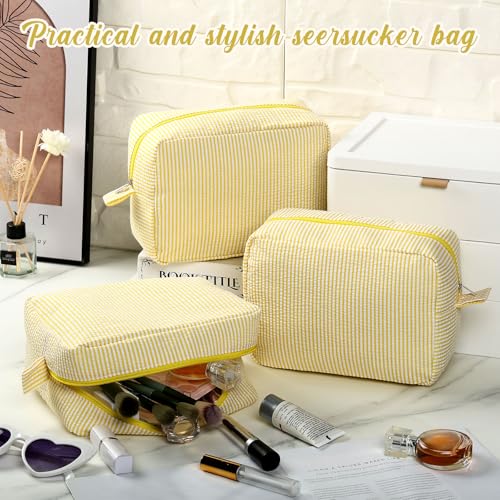 Large Seersucker Makeup Bags - 6 Pack, Yellow Striped Cosmetic Organizer