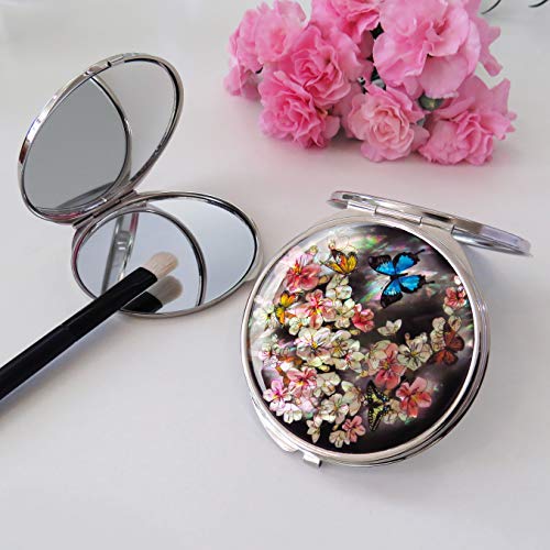 MADDesign Mother of Pearl Makeup Compact Mirror Dual Folding Magnify Apricot Flower Butterfly
