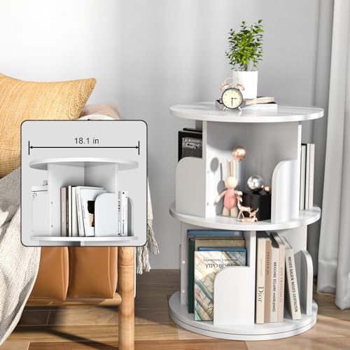 Nidouillet Rotating 2-Tier Round Bookshelf - 360° Swivel Corner Bookcase, Wooden Space-Saving Storage for Living Room & Bedroom, White