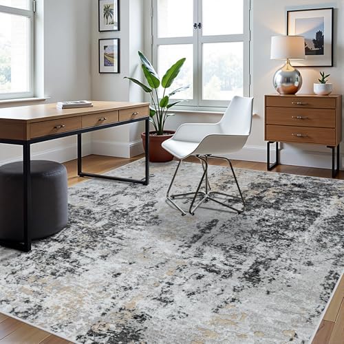 Black Grey and Gold 8x10 Washable Area Rug for Living Room and Bedroom - Non-Slip, Durable, Abstract Design