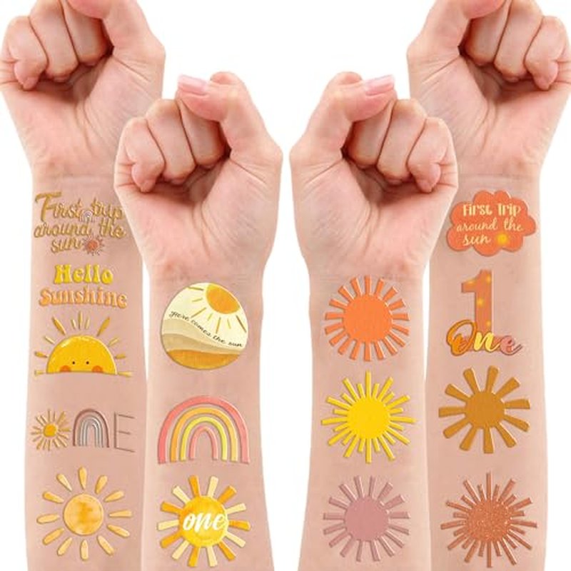 100PCS Boho Sunshine Sun Temporary Tattoos Themed Birthday Party Decorations Favors Supplies Decor Hello Sunshine Sunset Stickers Cute Gifts for Game Kids Boys Girls Class Prizes Carnival