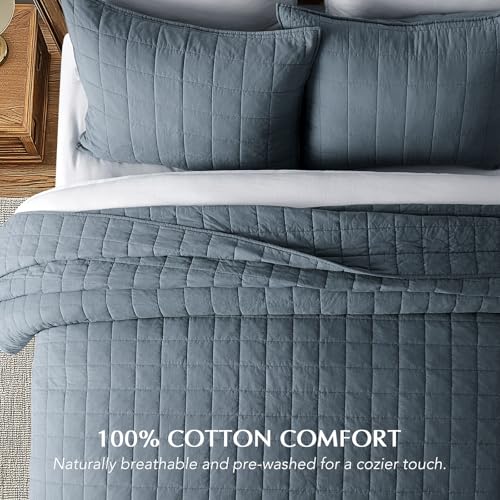 Evergracehome 100% Cotton Box Stitch Quilt Set – Queen Midnight Blue (92" x 96"), Full/Queen
