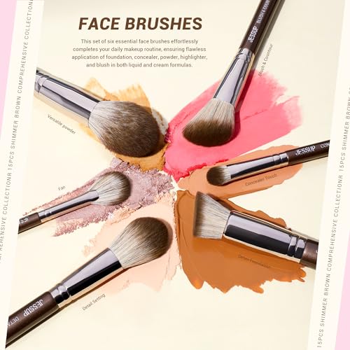 Jessup Shimmer Brown Makeup Brush Set with 15 Professional Brushes for Face & Eyes