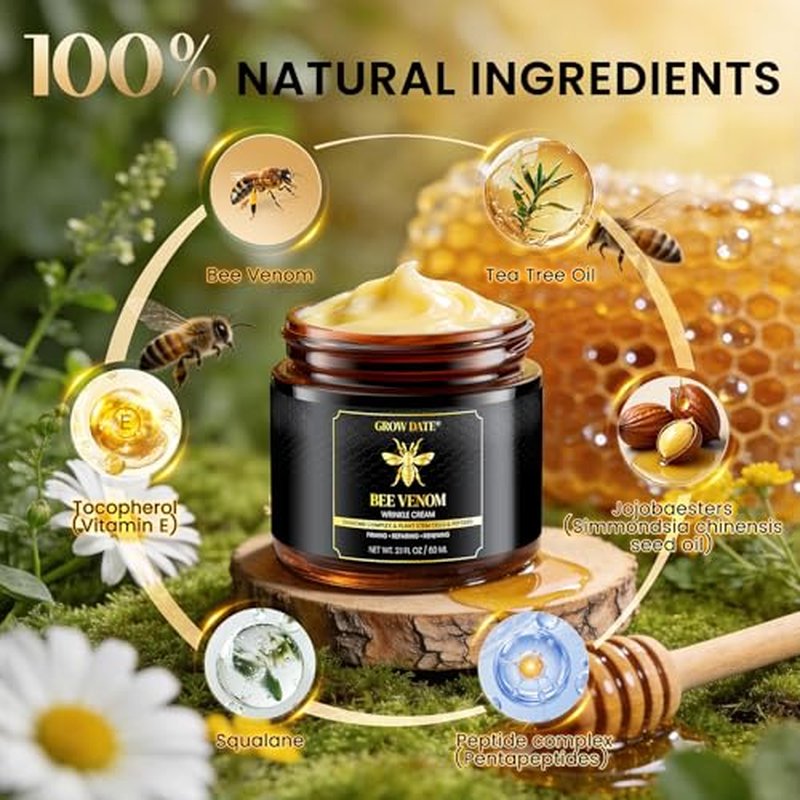 Bee Venom Cream - Natural Bee Venom Skin Treatment Cream - Firming & Wrinkle Reduction, Collagen Boost & Skin Brightening, Moisturizer for Face & Body, All Skin Types, 2.1oz