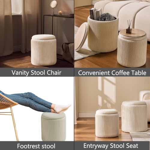 Cream Velvet Storage Ottoman Set of 2, Round Footstools with Hidden Storage