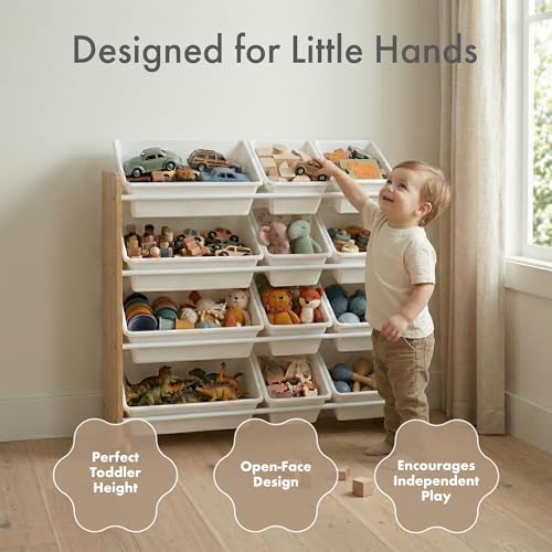 Kids Toy Organizer with 12 Bins - Tall Natural Wood/White Storage Shelf