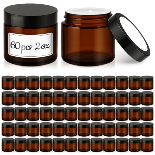 Amber Glass Jars with Black Lids - 2 oz, 60 Pack, Durable & Leak-Proof - Variation of THIS listing: Amber-Black Lids / 2 Ounces / 60