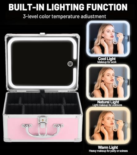 HAISKY Icy Pink Makeup Case with LED Mirror, Lockable Portable Vanity Organizer