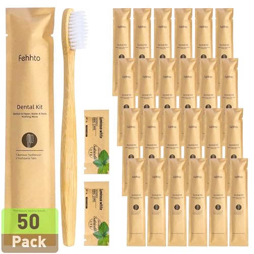 50 Pack Bamboo Toothbrushes with Toothpaste - Individually Wrapped, Soft Bristles, Guest-Ready