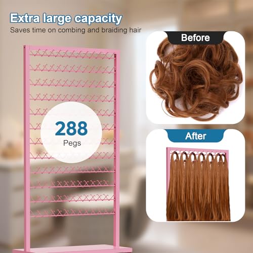 Portable Braiding Hair Rack with Wheels & Storage Drawers,2-Sided 288 Pegs,Hair Extension Holder Hanger for Braiding Hair Separator Stand Display,Hair Rack with Stylist Hair braiding Tools£¨Pink£©