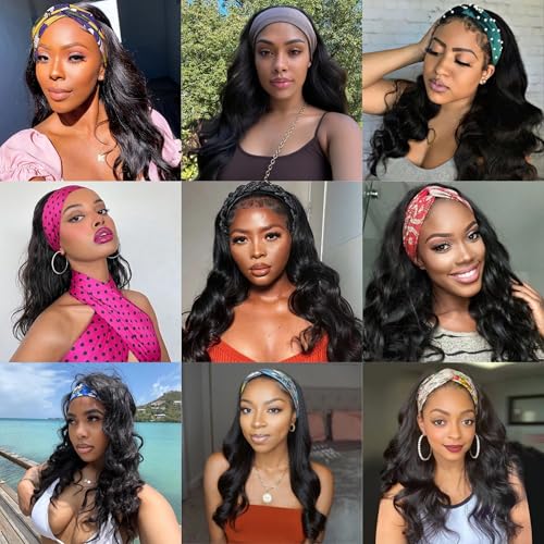 PREMPO 20 Inch Black Long Wavy Headband Wig for Women - 180% Density, Glueless Half Wig, Synthetic, Wear & Go