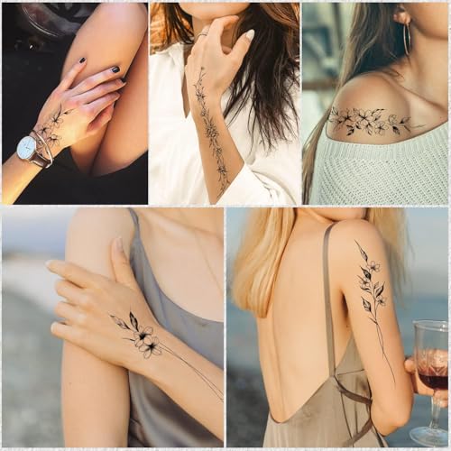 Leesgel Temporary Tattoos Women, 12 Sheets Long Flowers Vine Leaves Plant Tattoo for Women Adults, Black Semi Permanent Personality Waist Arm Foot Stick on Tattoos Stickers