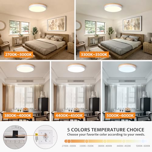 Yiisem Dimmable 15.8-inch Wooden LED Ceiling Light - White, Modern Flush Mount with Adjustable Brightness & 5 Color Temperatures