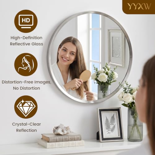30 Inch Brushed Nickel Round Wall Mirror - Beveled Edges, Shatter-Resistant Glass - Variation: Brushed Nickel / 30"L x 30"W