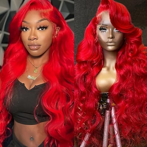 Red Lace Front Wig 13x4 HD Transparent Swiss Lace Body Wave 26 Inch Pre-Plucked Glueless Synthetic Hair for Black Women - Bright Red