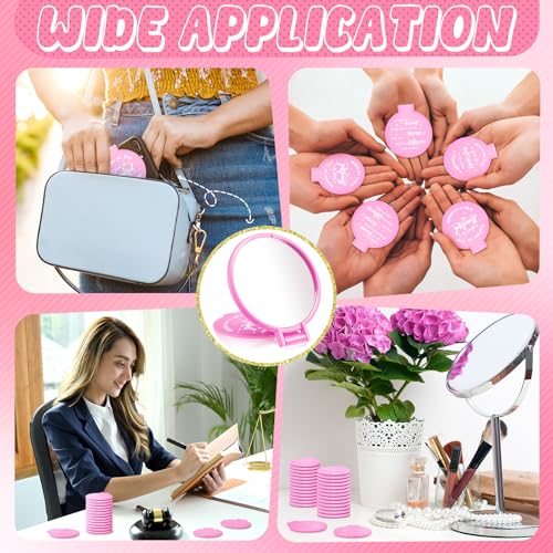 Wenqik 64 Pcs Pink Inspirational Mini Compact Mirrors for Purse Women Small Gifts Bulk, Round Makeup Folding Hand Mirrors, Client Guest Gifts Ideas, Women's Day Party Favors for Bridal Wedding