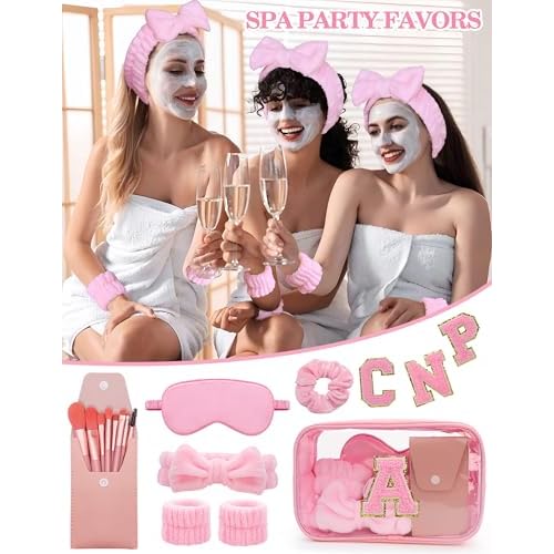 Gift Sets for Women, Initial Makeup Bag with Makeup Brush Set Bachelorette Party Favors, Pink Spa Kit with Skincare Headbands Wrist Bands Sleepover Party Supplies Gifts for Teen Girls Bridesmaid A
