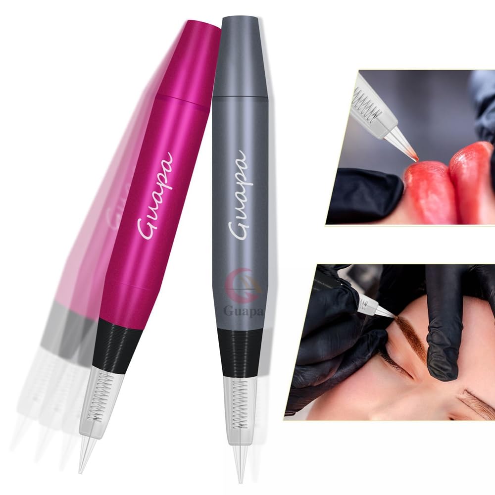 Portable Tattoo Machine Pen Eyebrow Lip Permanent Makeup Pen with 1R 3R Cartridge Needles for Ombre Brows Body Tattoo (Red Machine Kit)