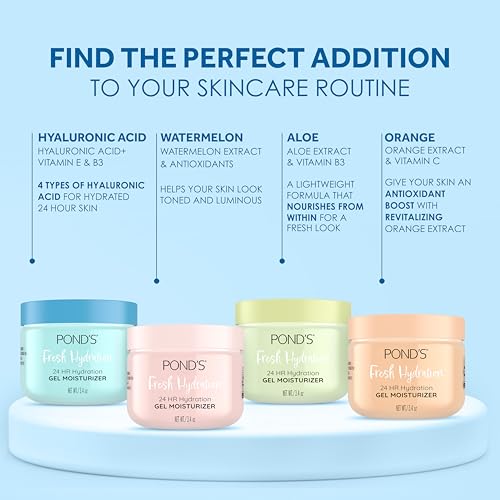 POND¡¯S Fresh Hydration Gel Moisturizer ? 24 HR Hydration with Vitamin E, Hyaluronic Acid & Vitamin B3 ? Alcohol & Oil-Free Face Moisturizer ? Dermatologist Tested, 3.4 oz