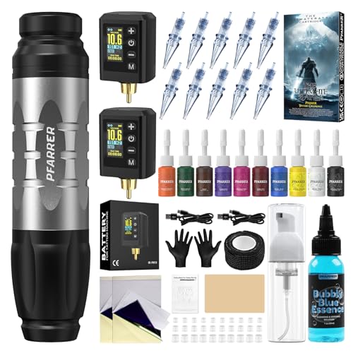 PFARRER Wireless Tattoo Machine Kit with 2 Batteries, Digital Display, 10 Needles, Ink, Transfer Paper, Practice Skin