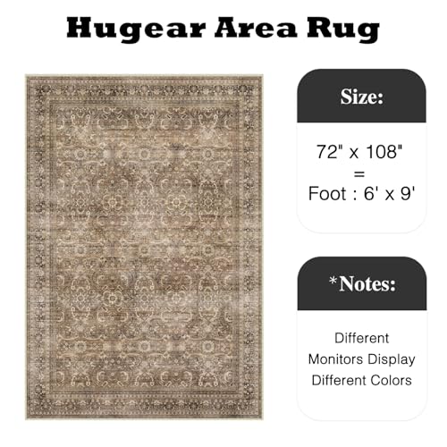 Vintage Distressed Washable Area Rug - 6x9 ft Brown Low Pile for Living Room