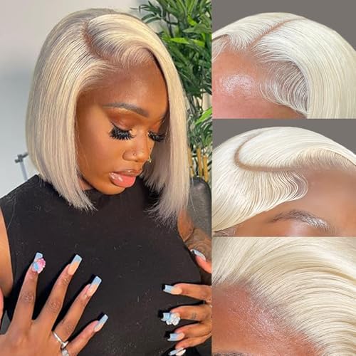 12 Inch Platinum Blonde Bob Lace Front Wig - 13x4 HD Transparent Frontal, Glueless Human Hair Short Bob for Women
