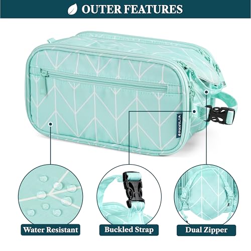 PAVILIA Large Toiletry Bag for Men Women, Mens Travel Bag Toiletries Organizer Case for Grooming, Travel Essentials Shaving Dopp Kit, PU Leather Water Resistant Cosmetic Pouch, Teal Chevron