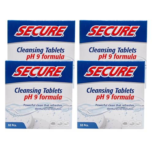 Secure Denture Cleaning Tablets - 128 Count, Pack of 4 (32 Tablets per Pack) for Retainers & Nightguards