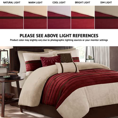 Queen Comforter Set with Shams and Decorative Pillows - Red Faux Suede Bedding